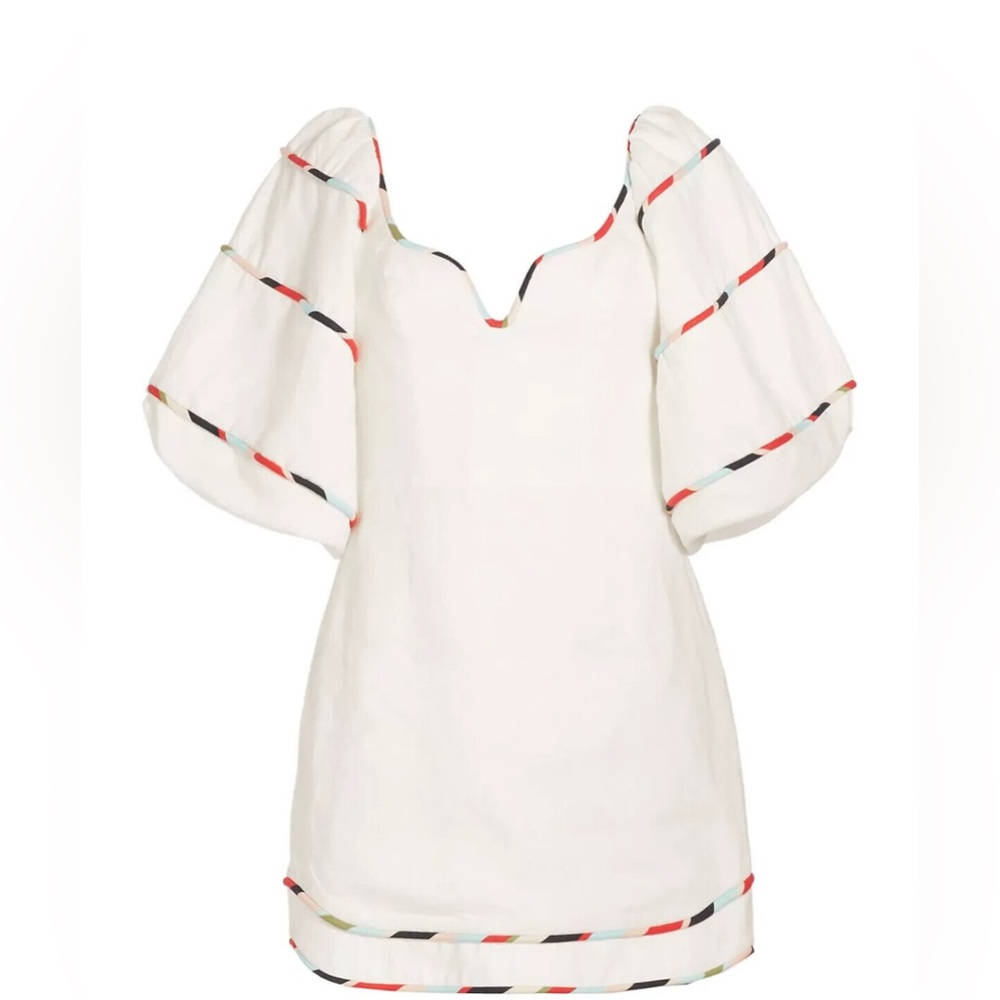 FARM RIO White Stripe Short Puff Sleeve Linen Mini Dress M